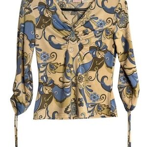 Tan and blue floral print blouse with tie sleeves boho y2k fairycore‎ baby doll